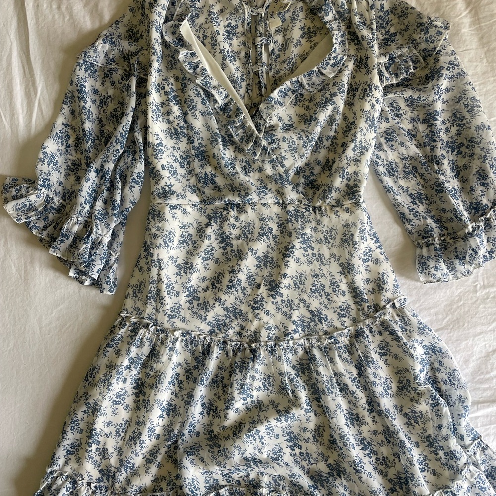 Sky Blue and White Wrap Sundress with Bishop Sleeves